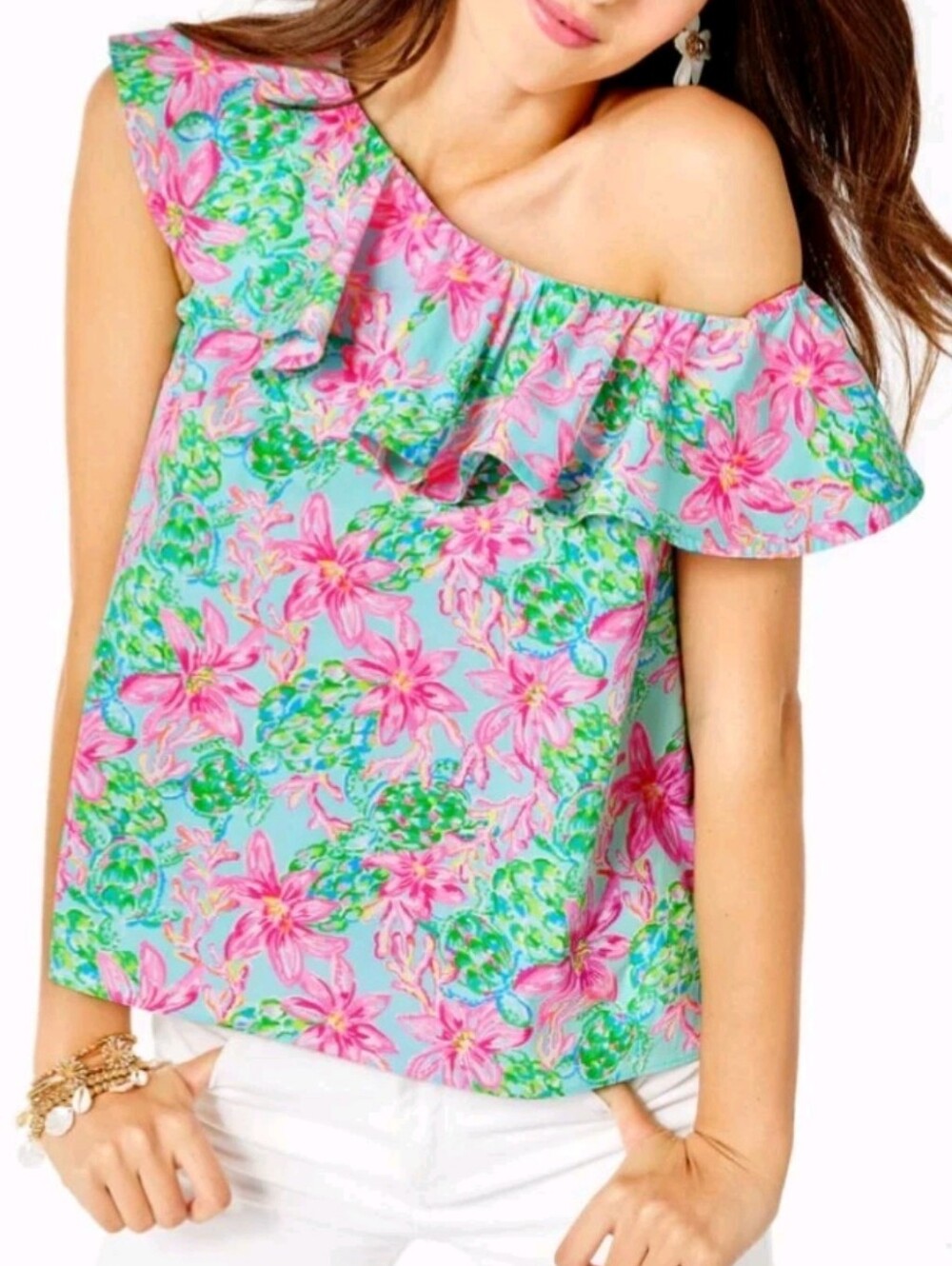 Lilly Pulitzer Darlah Off-The-Shoulder Ruffle Top Multi Turquoise Pink XXS